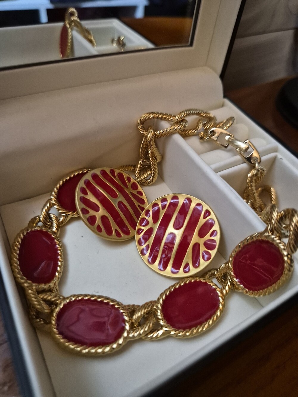 Vintage Napier Red Enamel Gold Necklace  Earrings Set